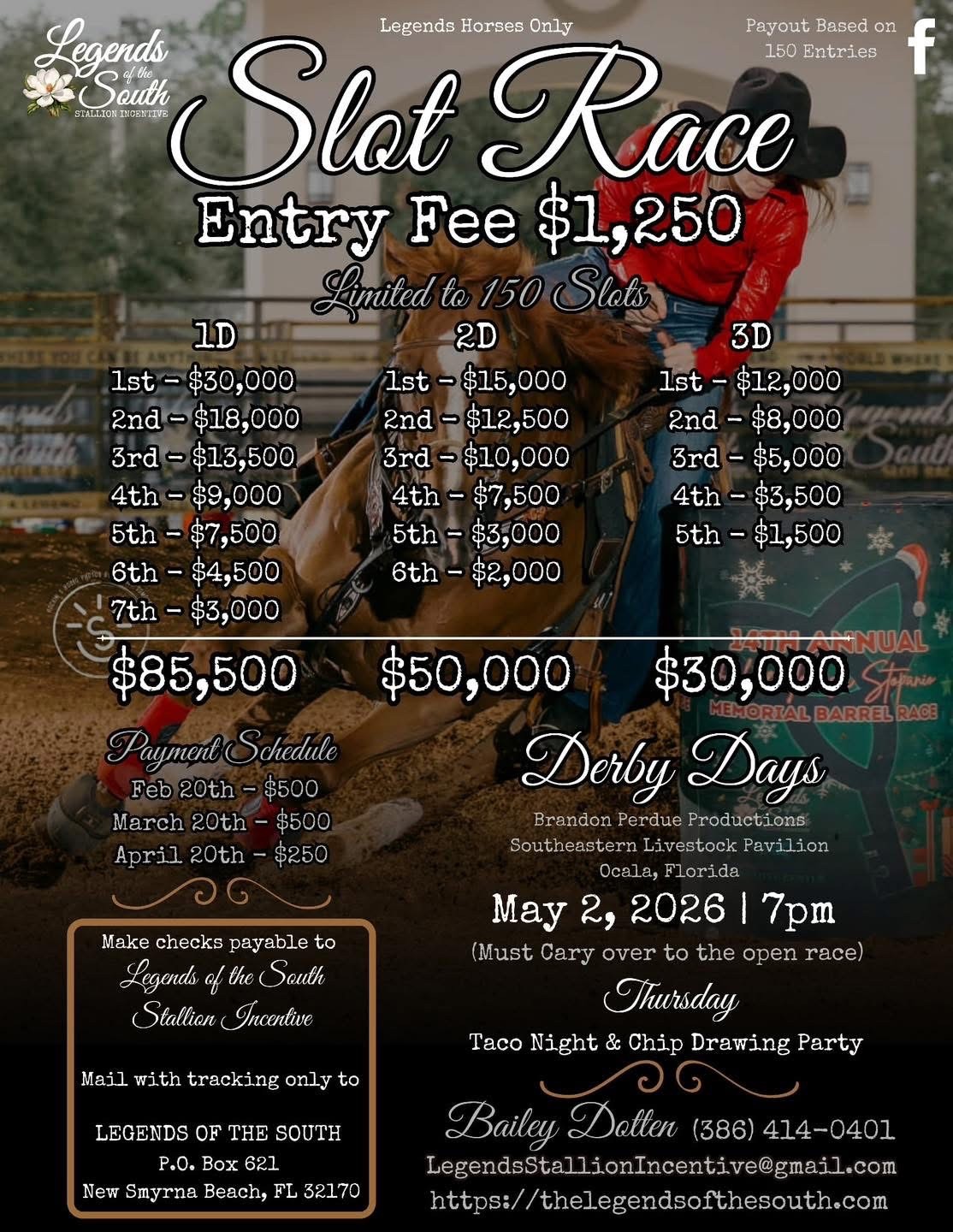 derby days flyer for the slot race with a $1250 entry fee